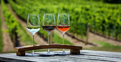 Three wine glasses with different colored wines on a wooden stand in front of vineyards.